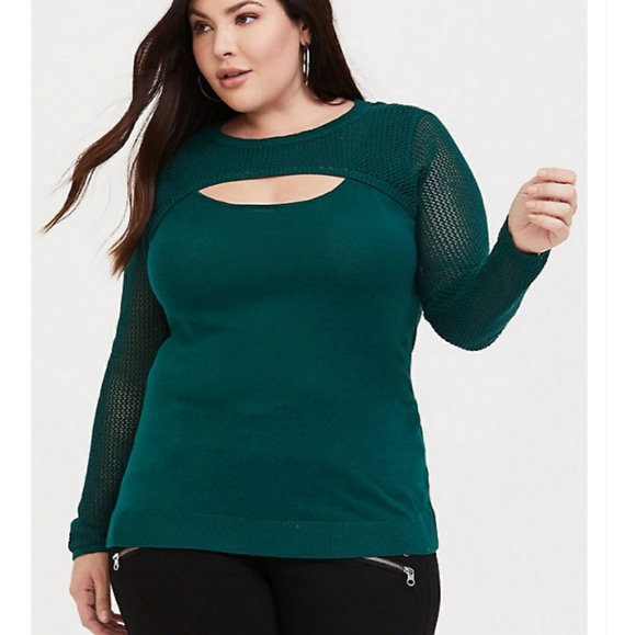 torrid Tops - Green Mix Stitch Peek Neck Pullover